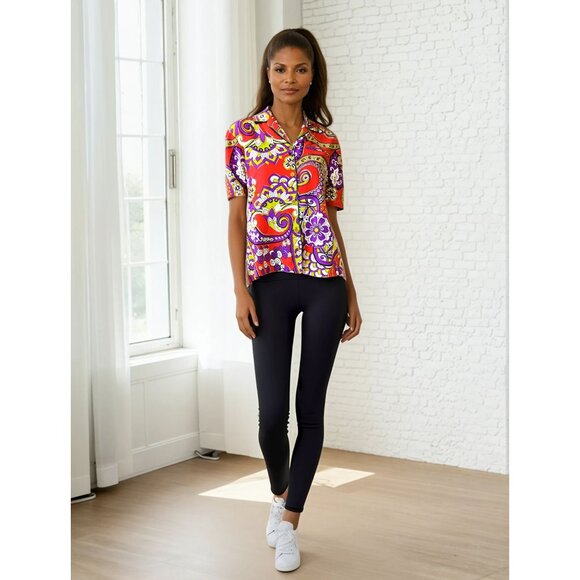 Entro 60s Inspired Groovy Floral Paisley Red Button-Up Short-Sleeve Shirt Sz L - Picture 2 of 12